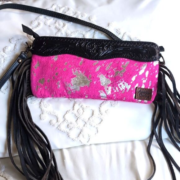 American Darling Fuchsia &Silver Cow Hide/Black Tooled Leather Fringe Crossbody - Picture 8 of 15
